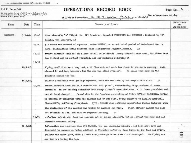 Added 229 Squadron Operations Record Book (ORB) Extract for 11/09/1940