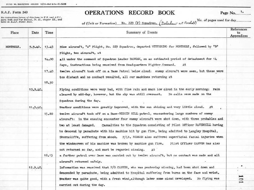 Operations Record Book (ORB) 30th September 1940